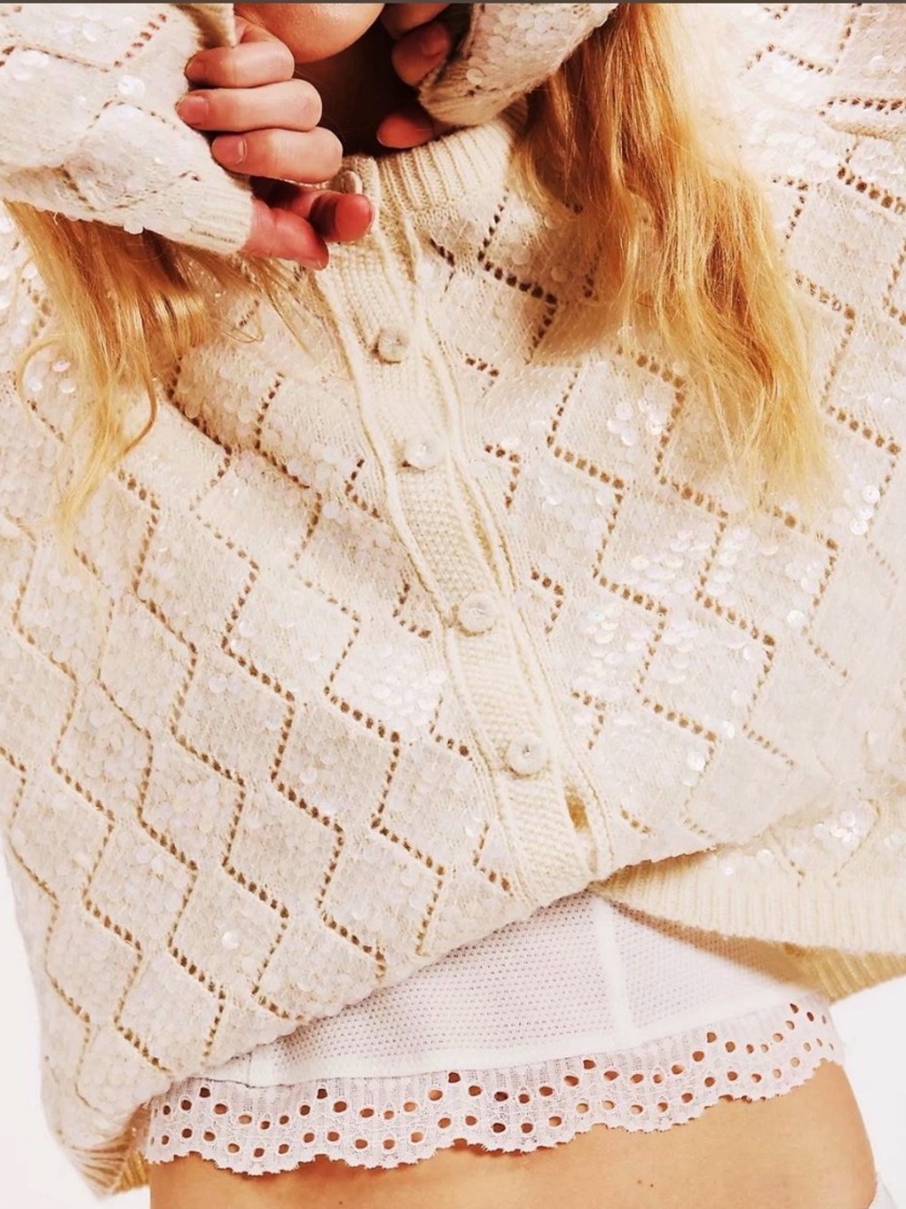 We The Free Cream Sequin Diamond-Knit Button Cardigan XS NWT